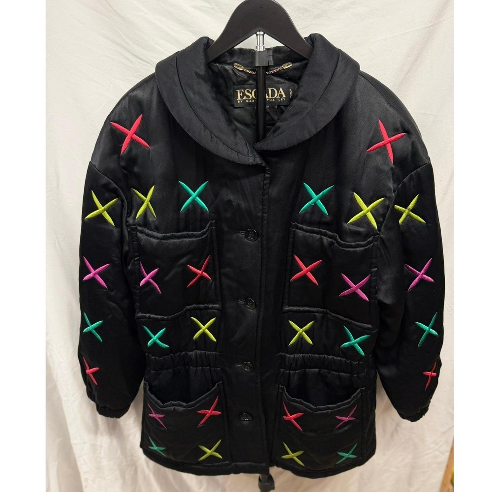 Vintage 80's Escada Women's‎ 100% Silk Retro Colorful Quilted Satin Puffer Coat - Picture 2 of 13